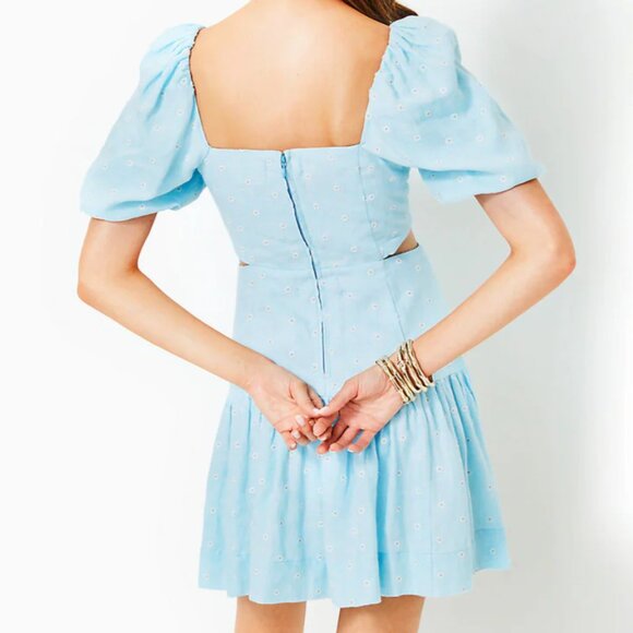 Lilly Pulitzer Kylanne NWT Blue Embroidered Flower Linen Fit n Flare Dress, Sz 0 - Picture 3 of 7